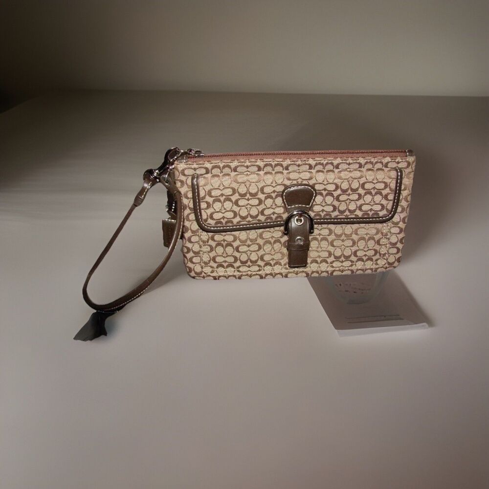 Vintage Coach Brown Khaki Jacquard Mini C Signature Long Slim Wristlet w Pocket